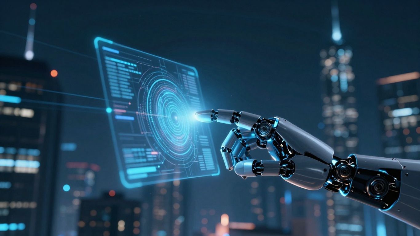 AI robot hand interacting with futuristic interface