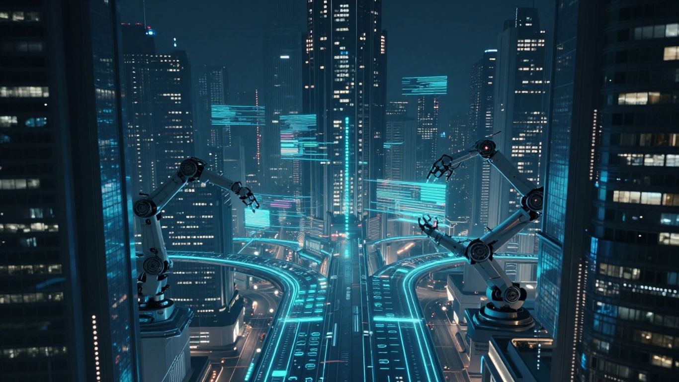 Futuristic cityscape with AI and data streams.