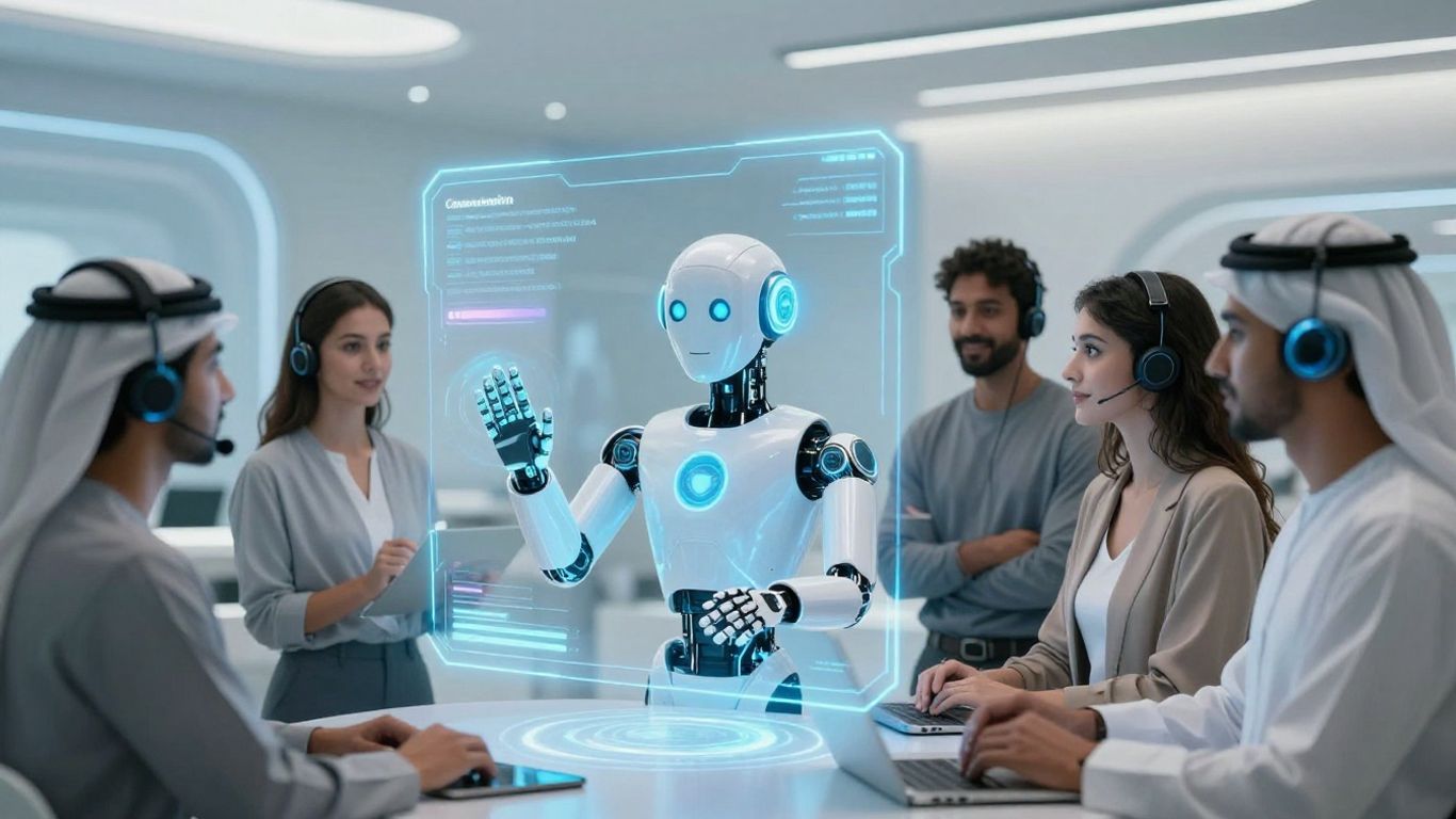 AI customer service interface with robot assistant and people.