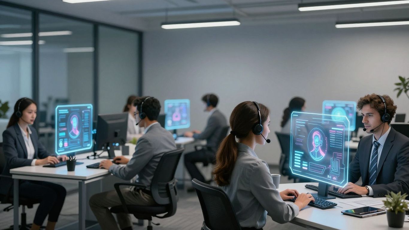 AI assisting customer service agents in a modern office.