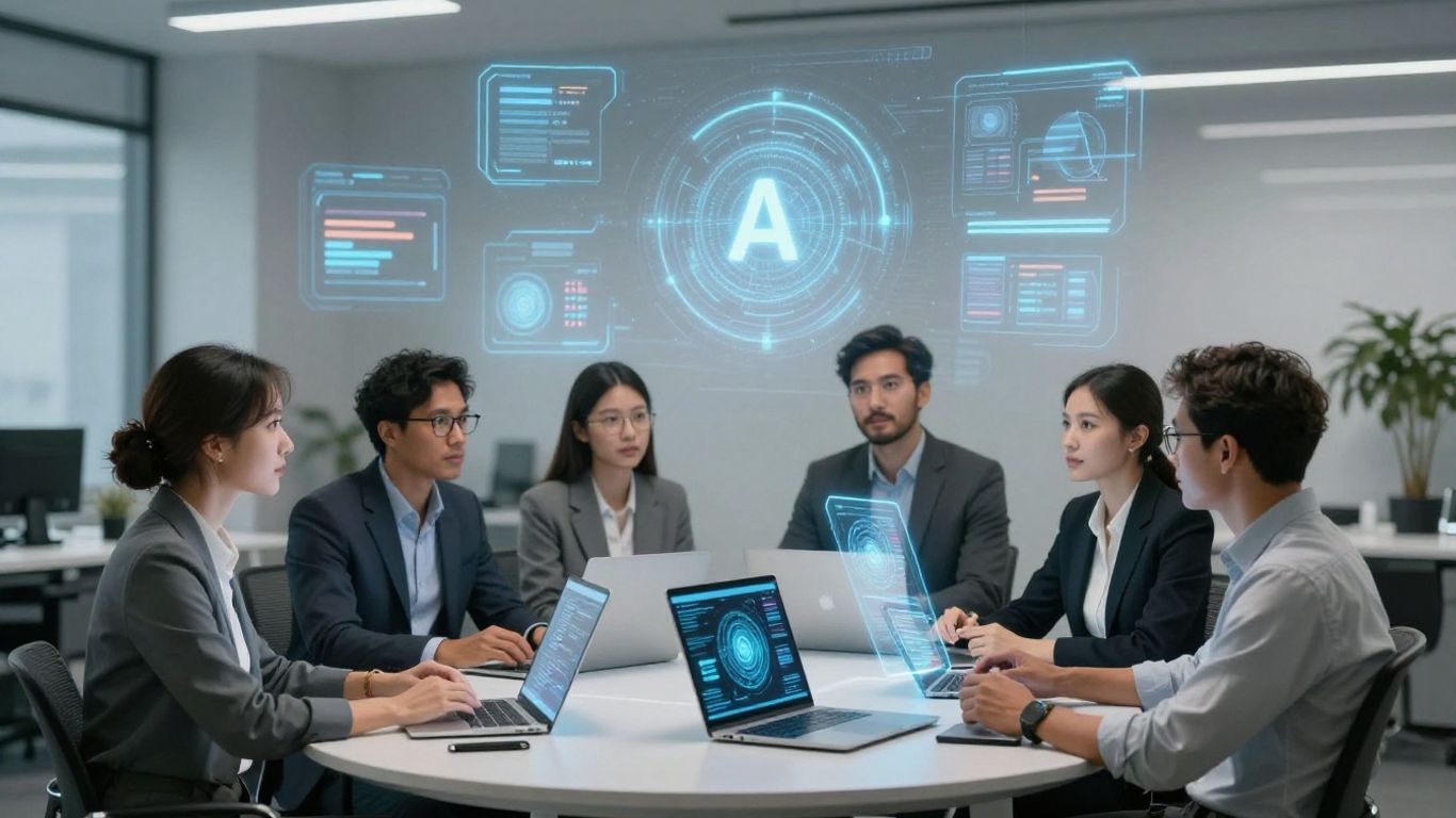 AI interfaces in a modern office setting.