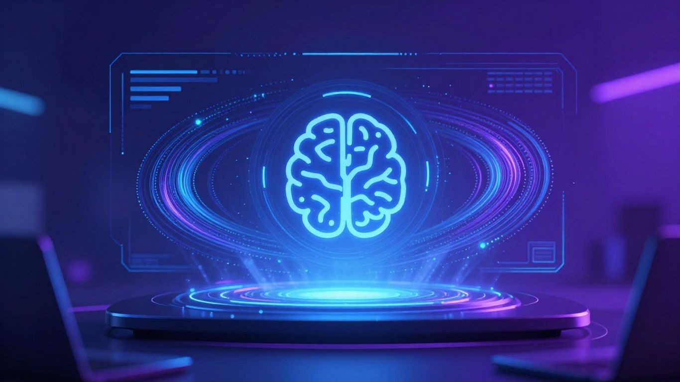 Futuristic AI interface with glowing digital patterns.