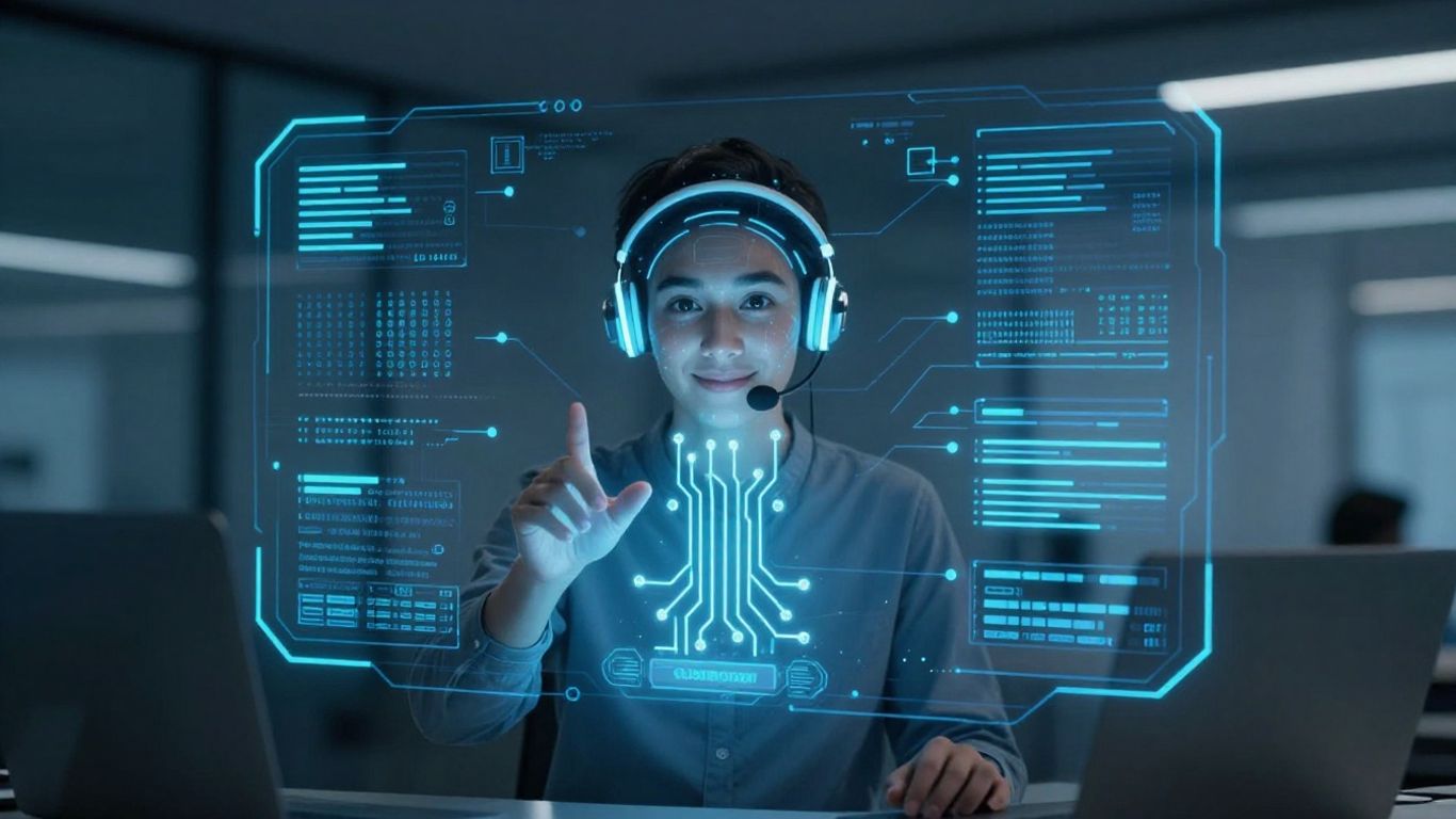 AI receptionist avatar interacting with futuristic data streams.