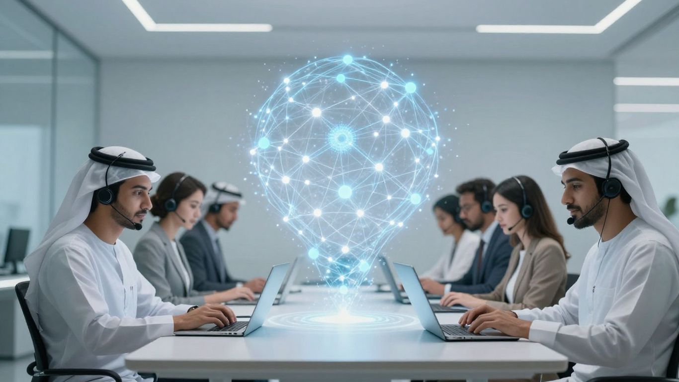 AI enhancing customer service agents with futuristic technology.