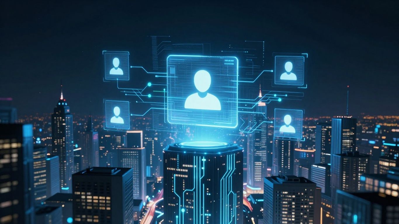 AI interface assisting customer service in a futuristic city.