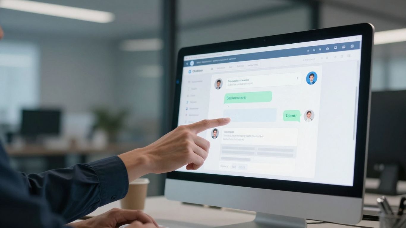 Businesswoman interacting with a chatbot on a computer screen.