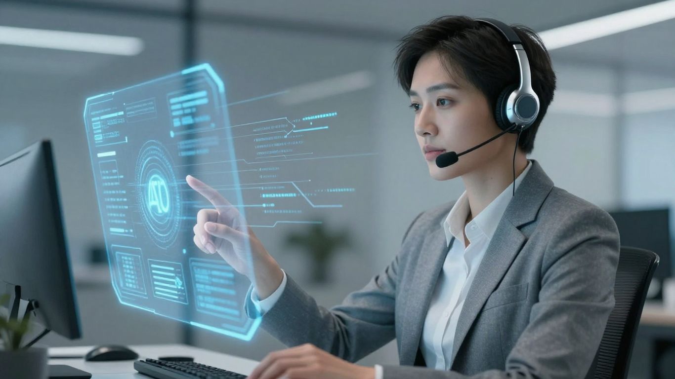 AI assisting a customer service agent with a holographic interface.