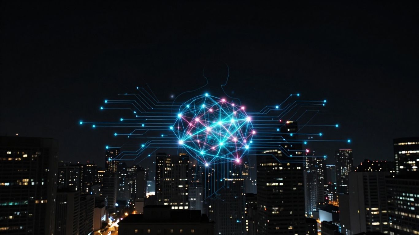 Futuristic cityscape with AI circuits and human silhouette.