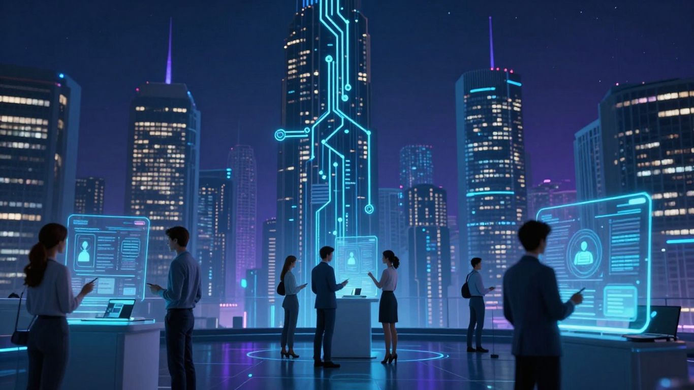 AI customer service futuristic cityscape with people using holograms.