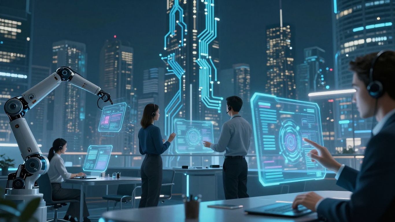 AI assisting human agents in a futuristic customer service setting.