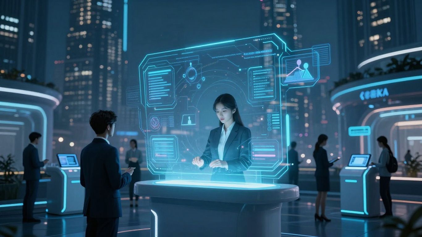 AI customer service agents assisting people in a futuristic setting.