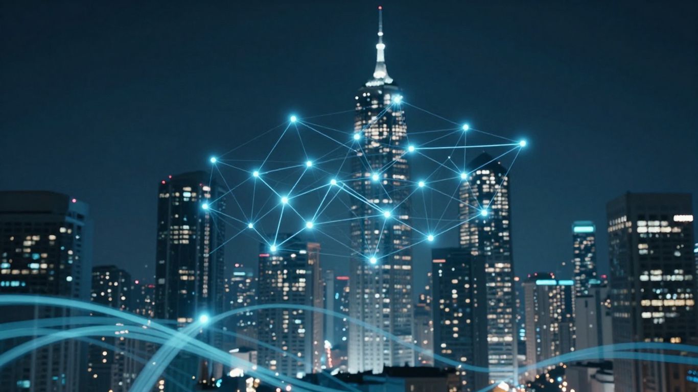 Futuristic cityscape with AI neural network connections.