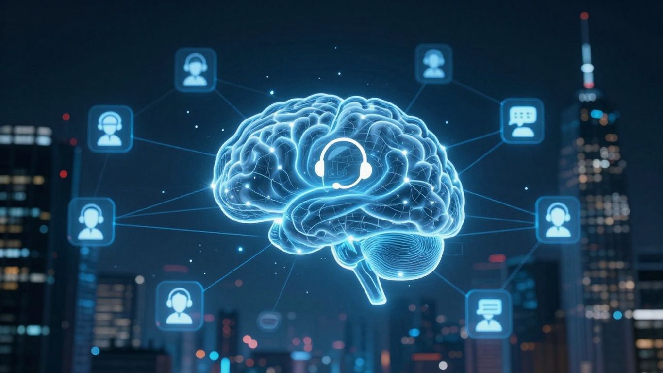 AI brain connecting customer service icons in a digital network.