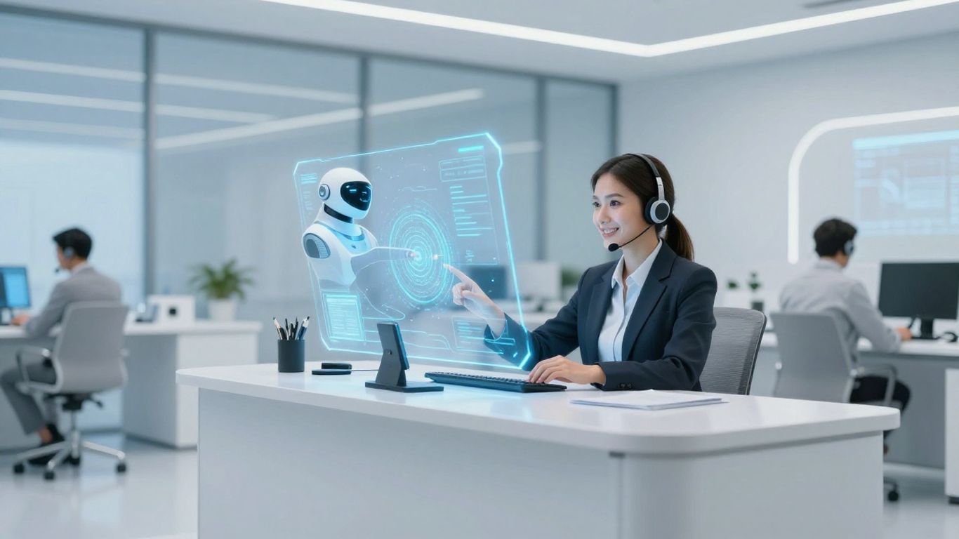 AI receptionist assisting a business professional in a call center.