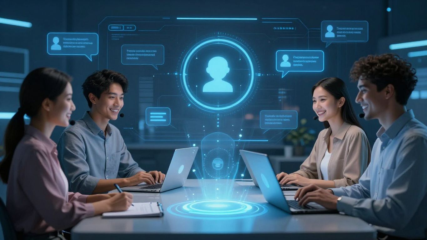 AI chatbot assisting happy customers with futuristic interface.