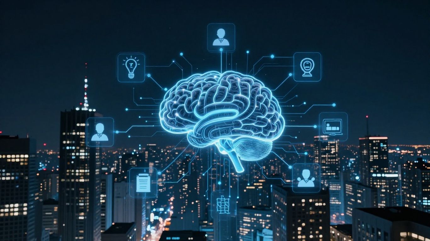 AI brain connecting to customer service icons in a futuristic city.