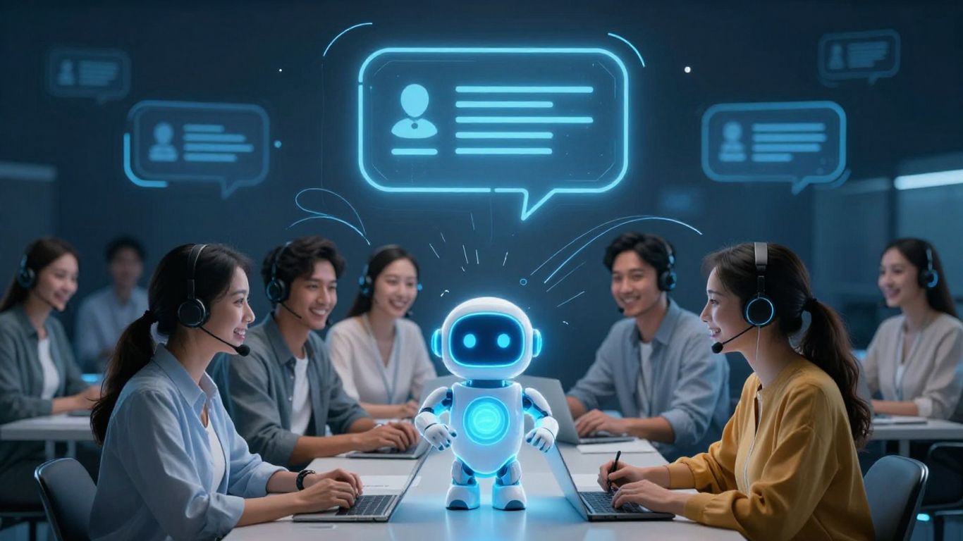 Chatbot interacting with happy customers, conveying efficient support.