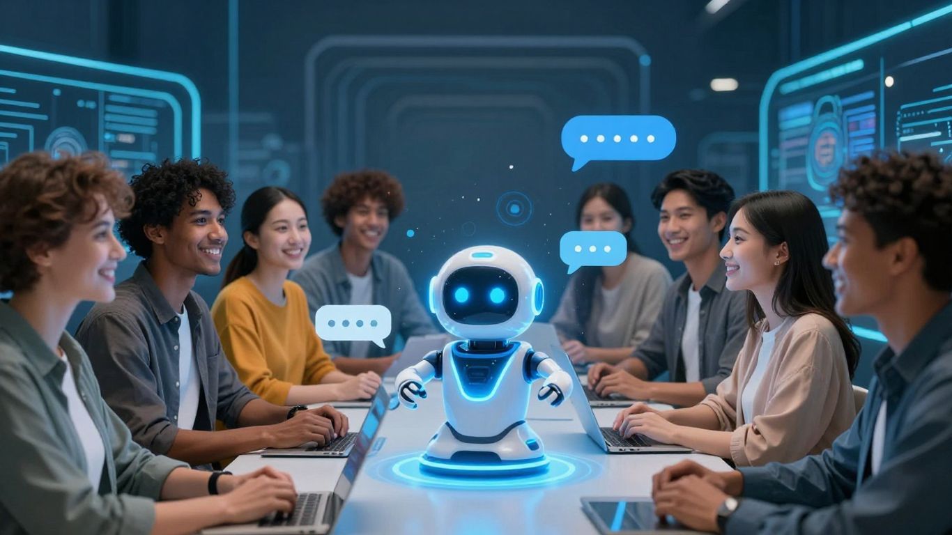 Chatbot interacting with happy customers, futuristic interface.