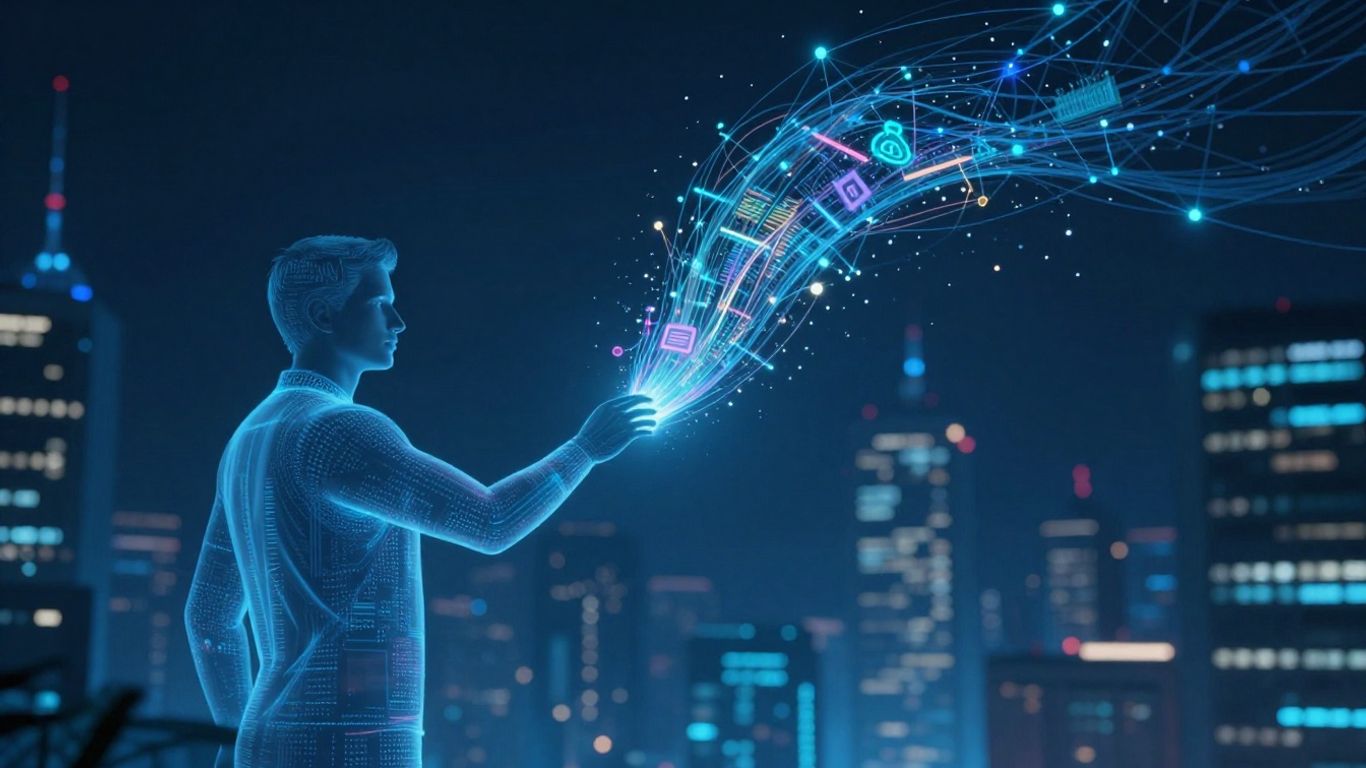 Futuristic cityscape with digital connections and abstract human interacting with data.