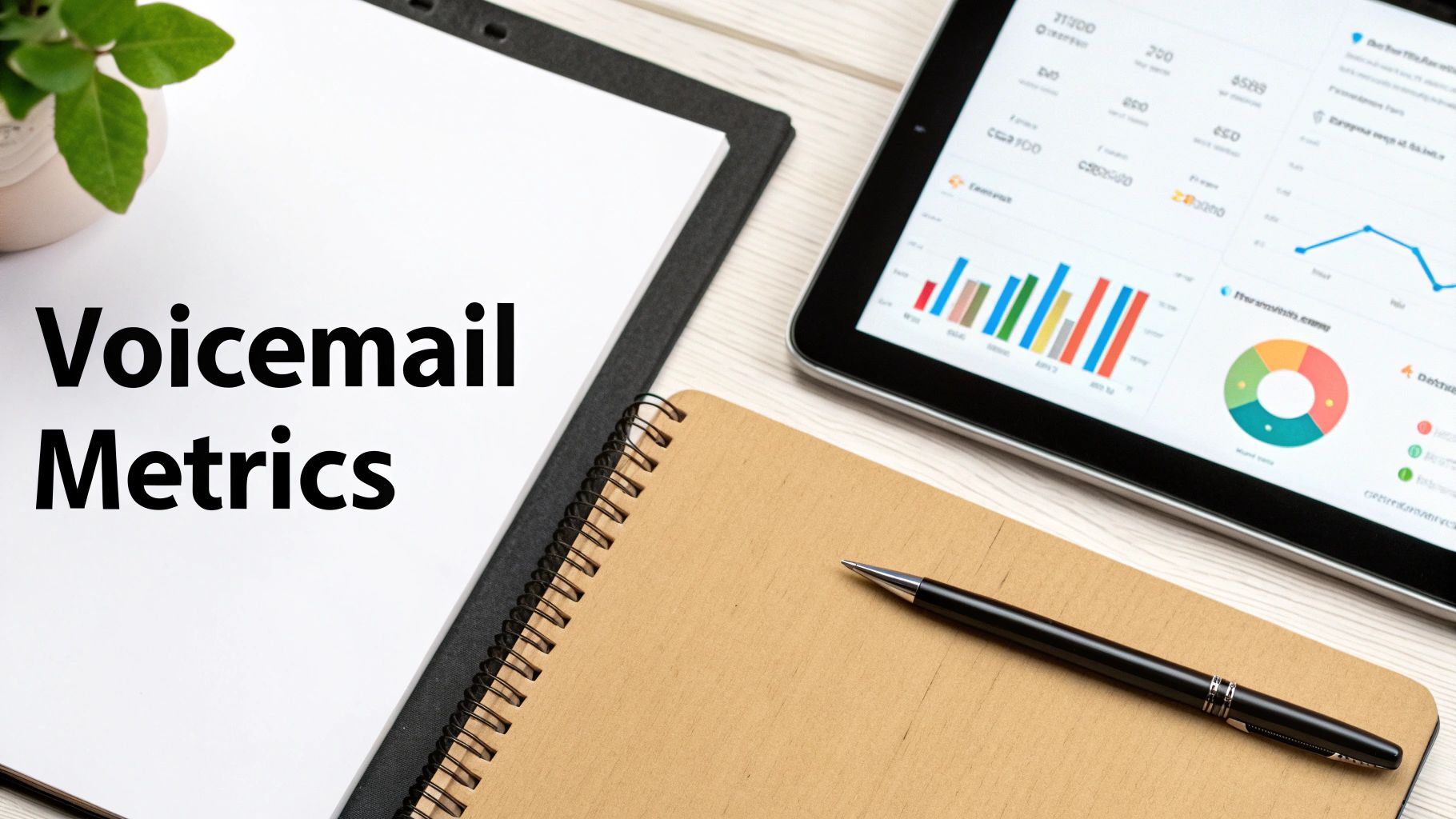 A desk setup with a paper titled 'Voicemail Metrics', a tablet showing graphs, a notebook, and a pen.