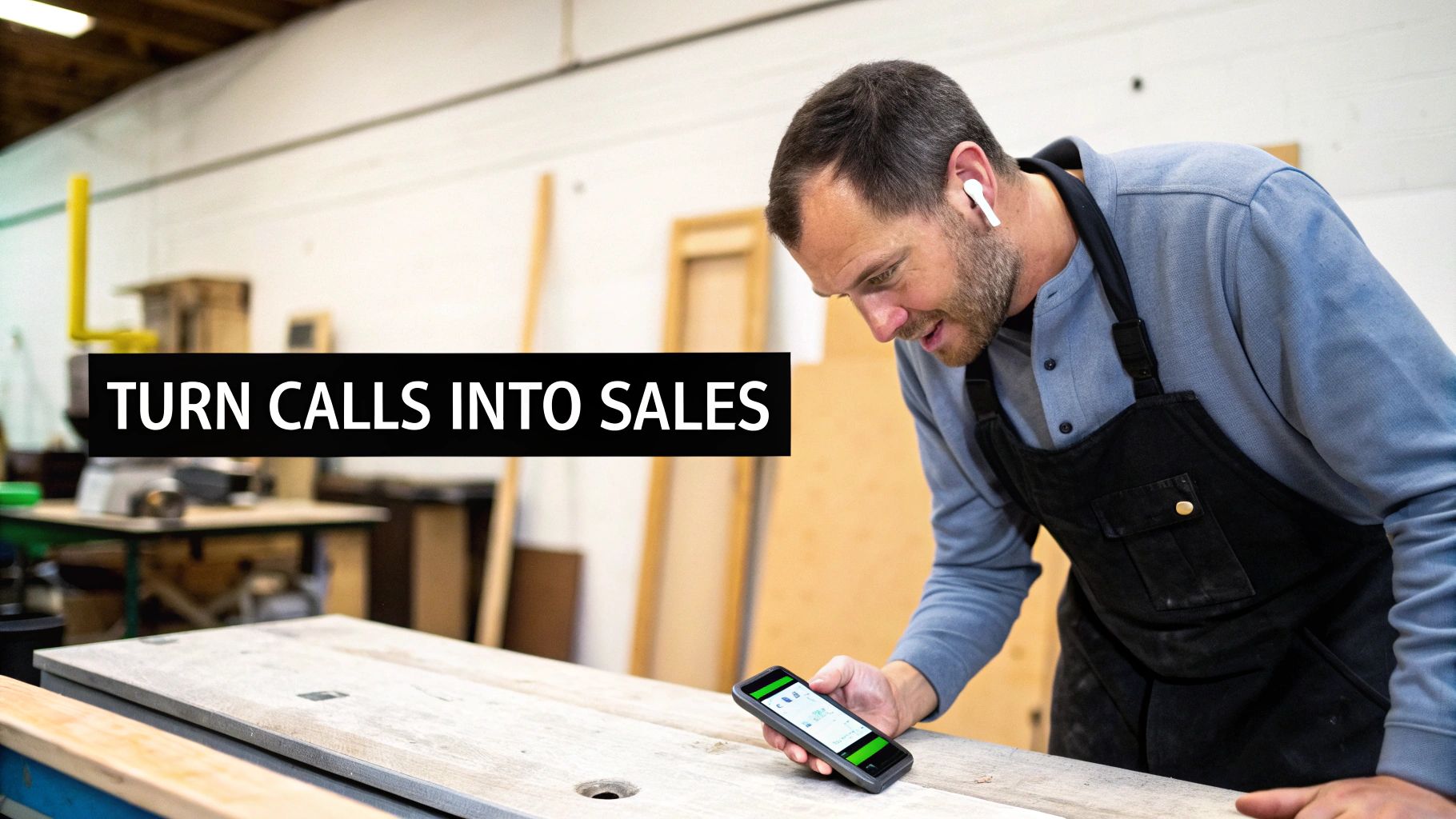 A craftsman in a workshop uses a smartphone with an earbud, focusing on turning calls into sales.