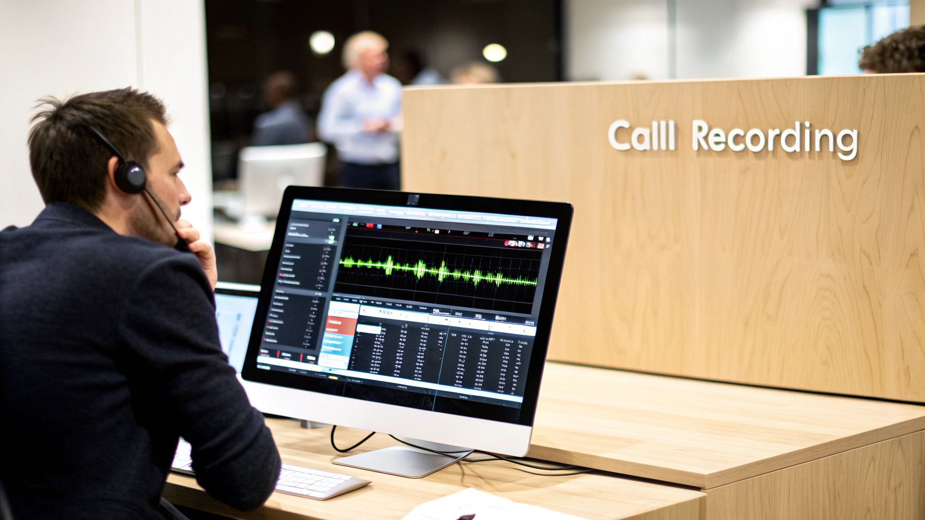 A man wearing a headset looks at a computer displaying call recording software and audio waveforms.