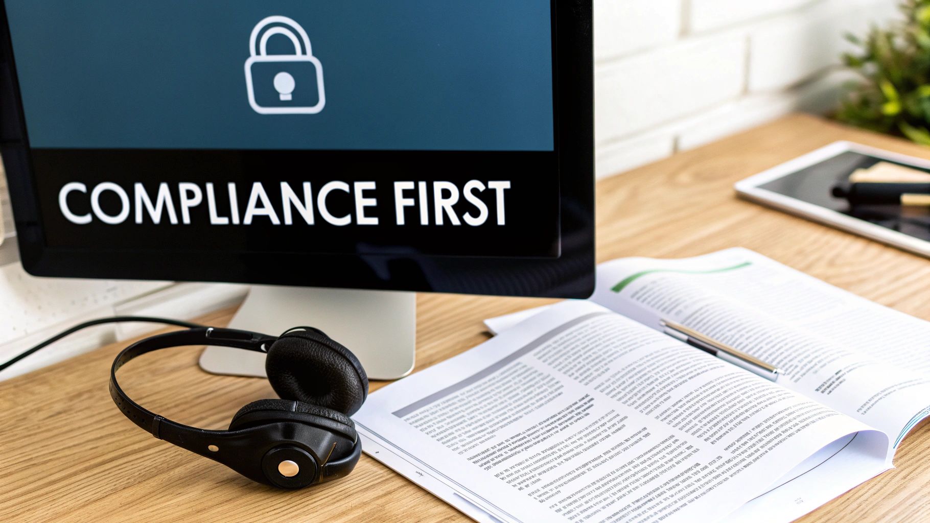 Computer monitor showing 'Compliance First' with a padlock icon, headphones, and an open book on a desk.