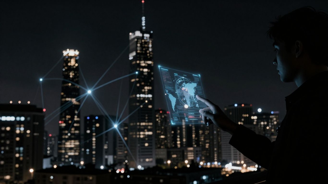 Futuristic cityscape with digital streams and holographic interface.