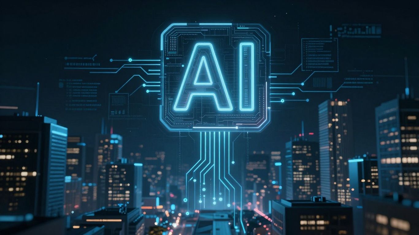 AI and financial data streams in a futuristic city.