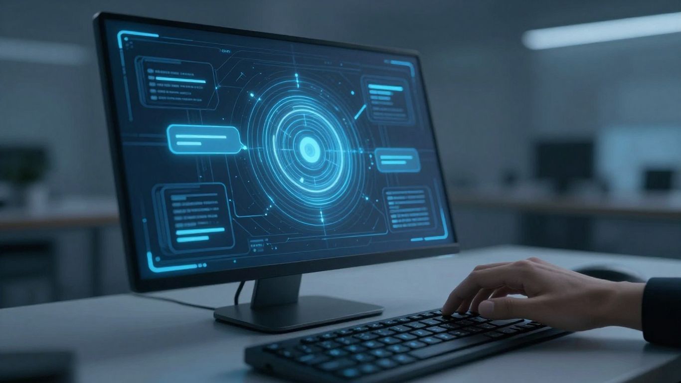 AI chatbot interface on a futuristic computer screen.