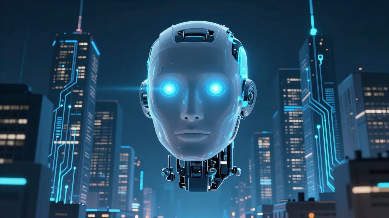 AI robot head in futuristic cityscape
