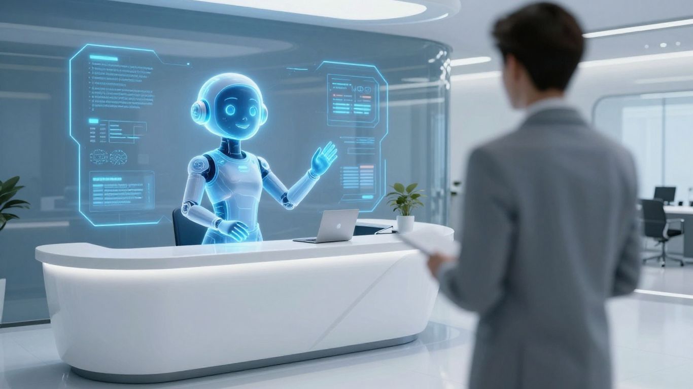 AI customer service avatar in a futuristic lobby.