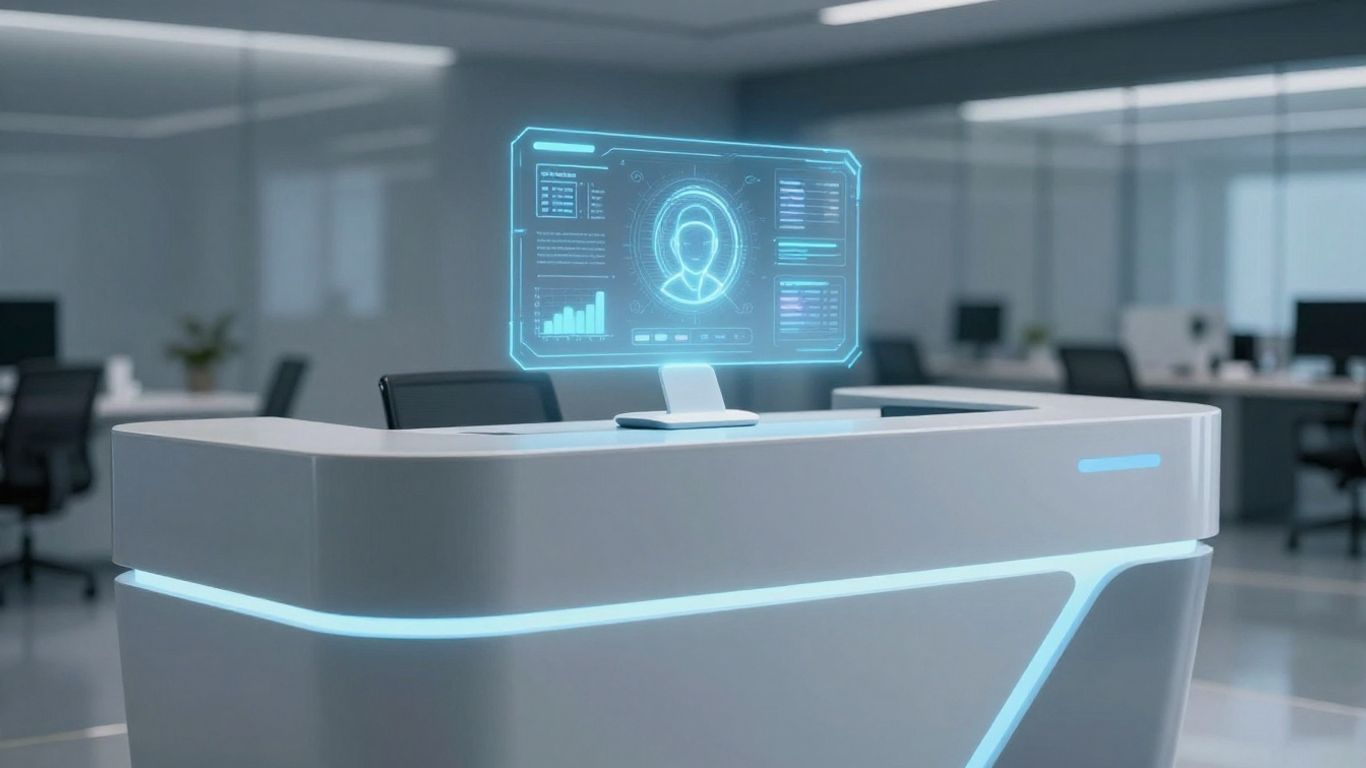 AI assistant at a futuristic customer service desk.