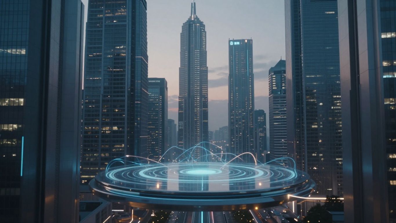 Futuristic cityscape with AI interface and digital streams.