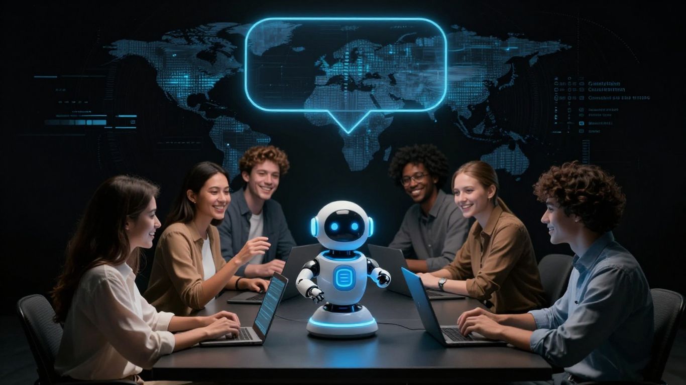 AI chatbot assisting happy customers with digital patterns.