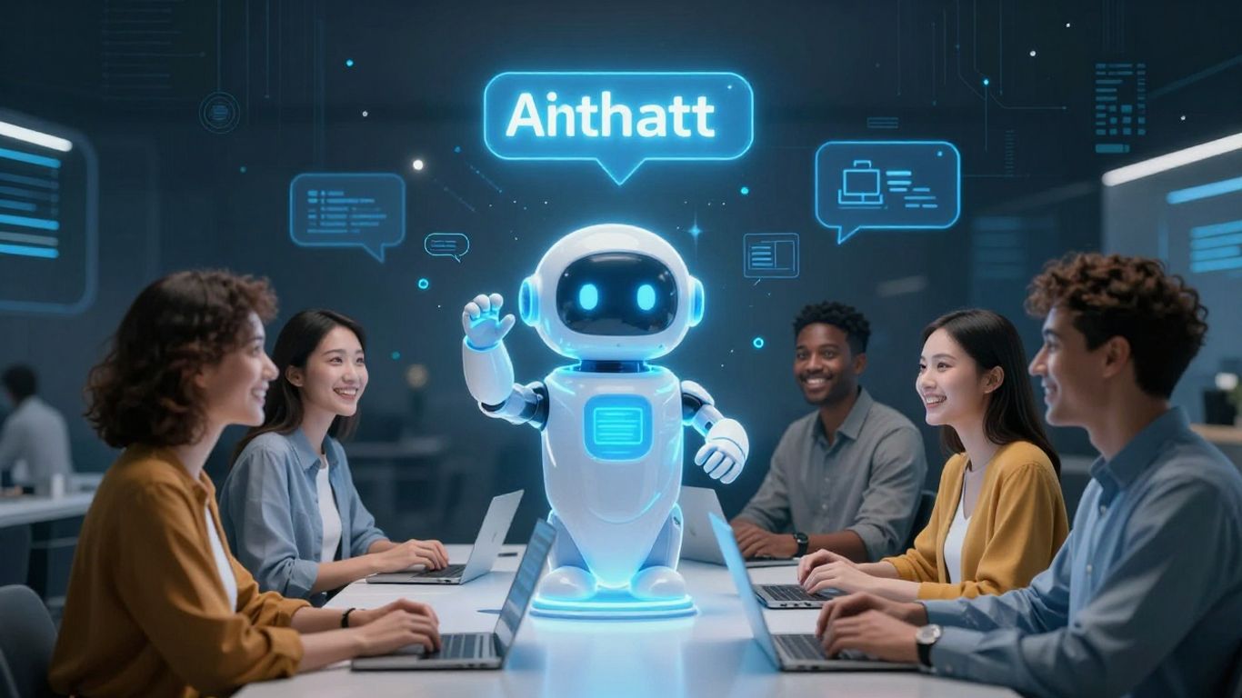 AI chatbot assisting happy customers with futuristic interface.