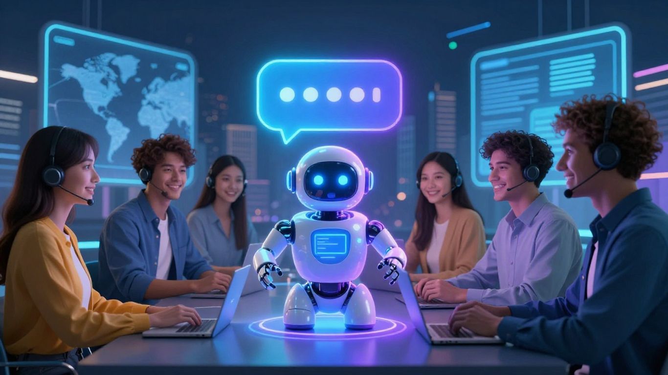 AI chatbot assisting happy customers with futuristic interface.