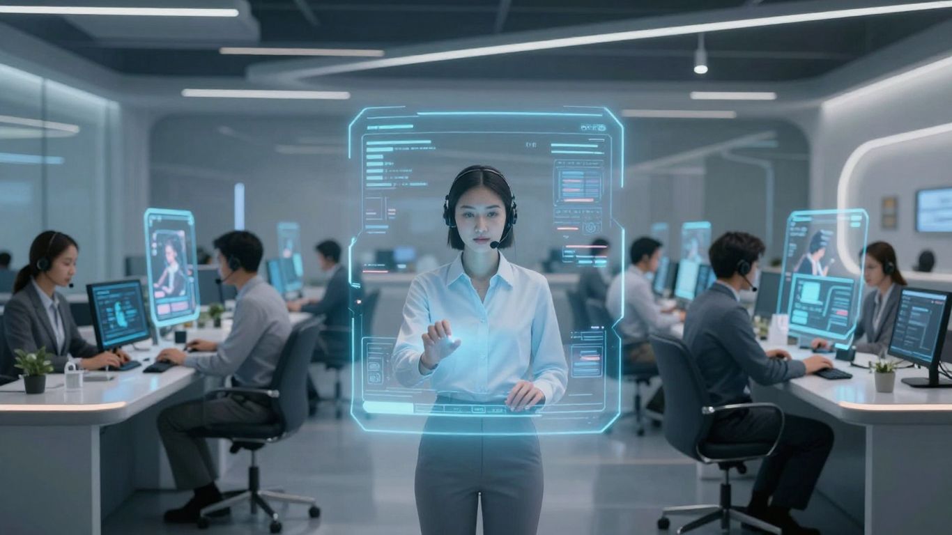 AI customer service agents assisting clients with futuristic interfaces.