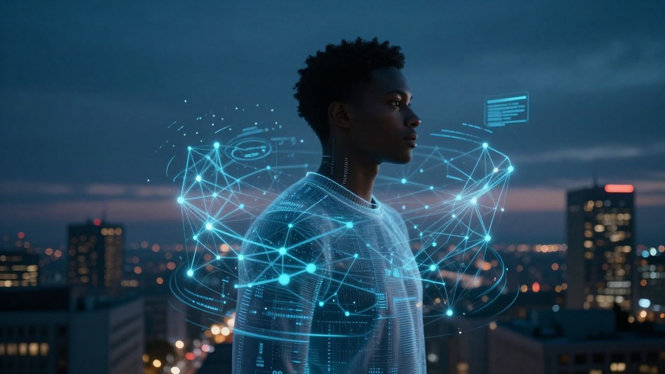 Futuristic cityscape with AI network and human silhouette.