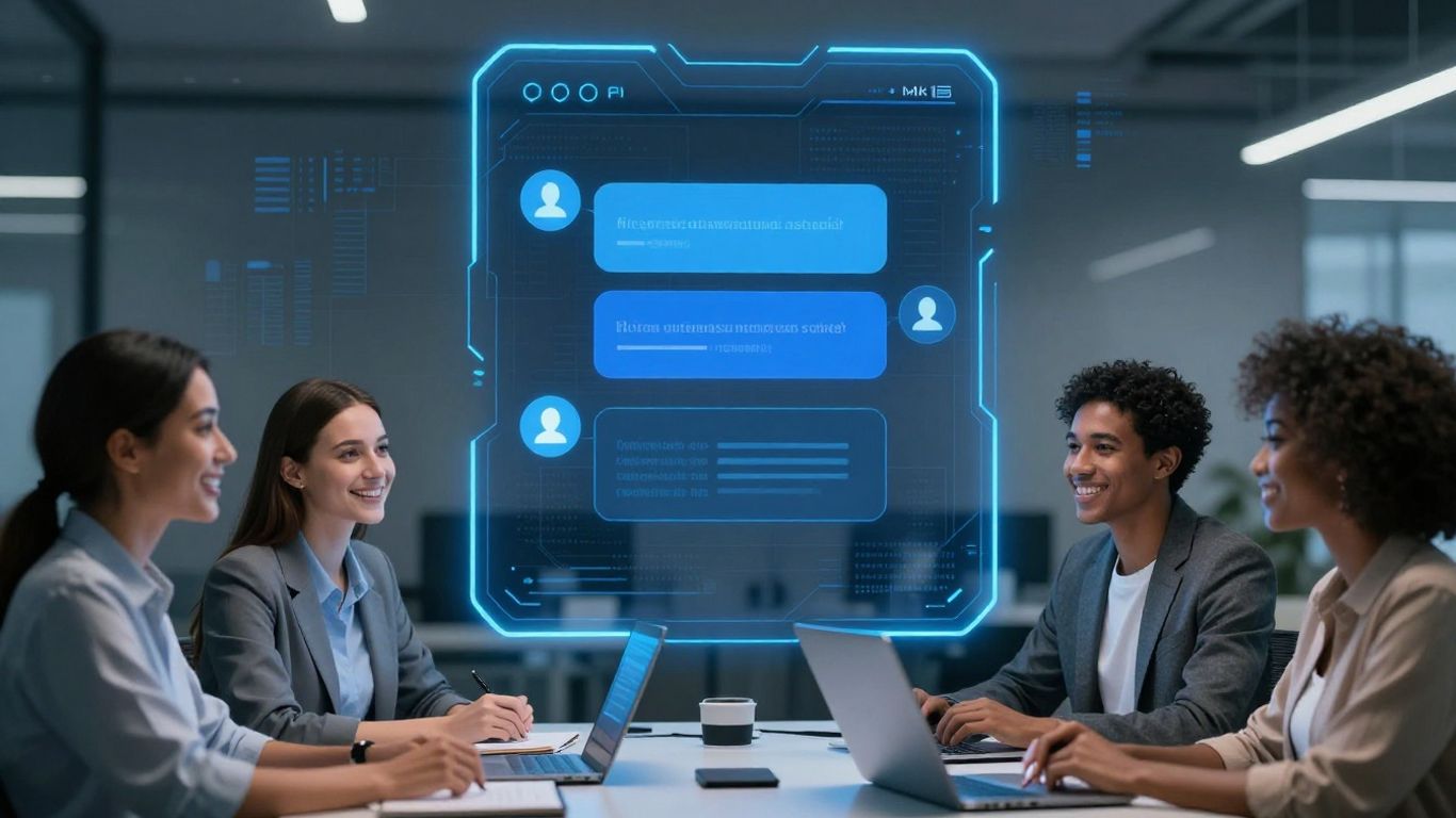 AI chatbot assisting happy customers in a modern office.