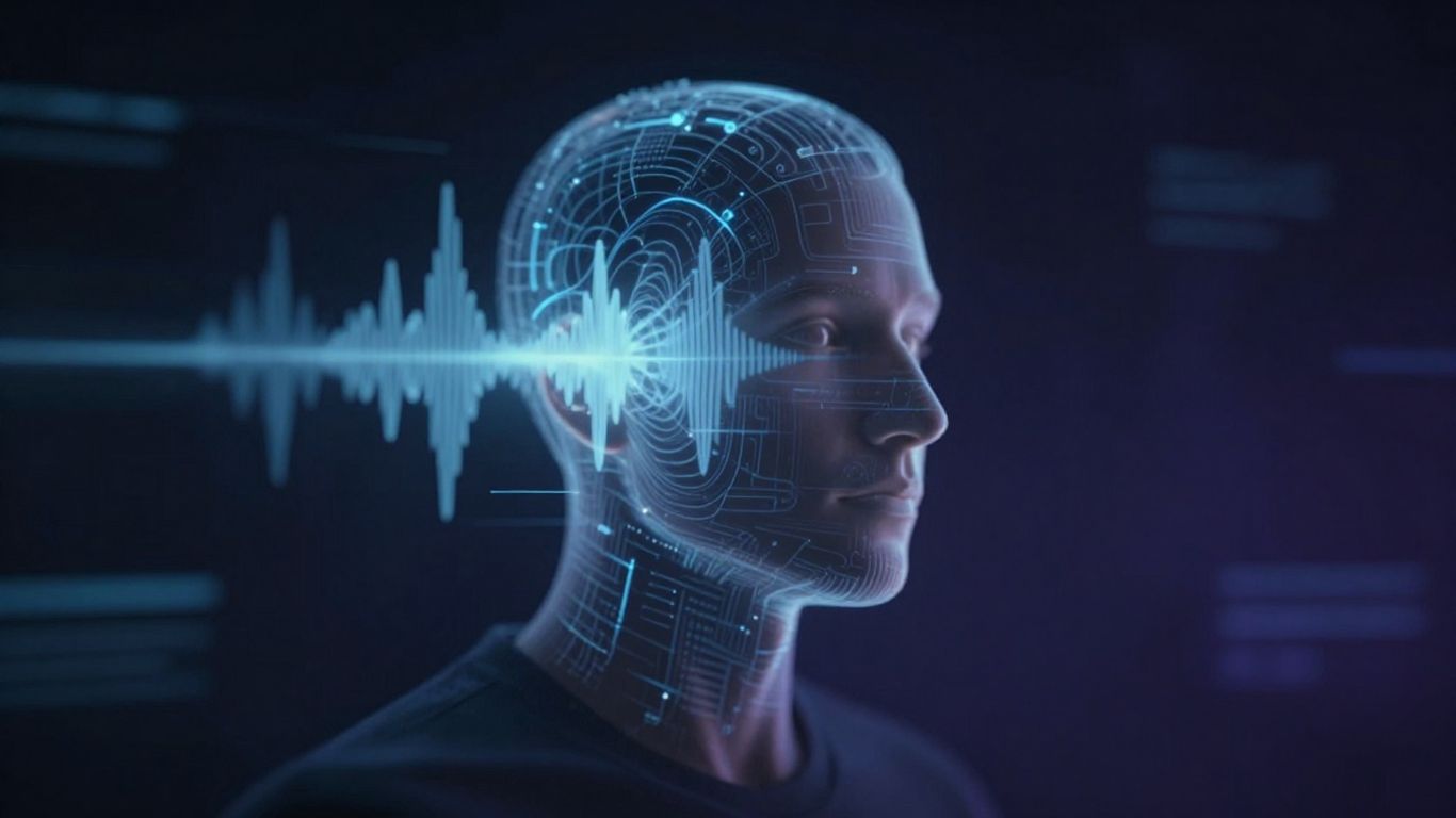 Futuristic AI voice interface with sound waves.