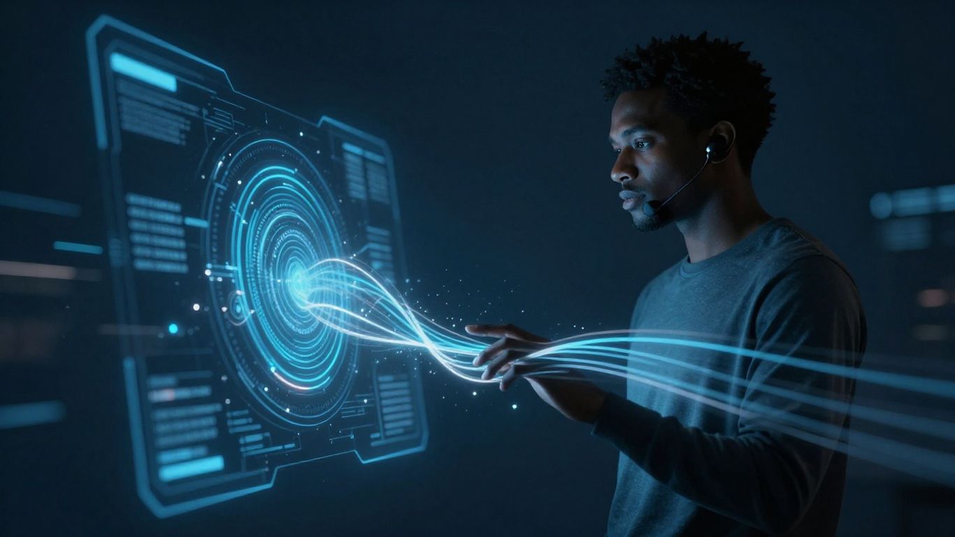 AI interface with data streams and human silhouette.