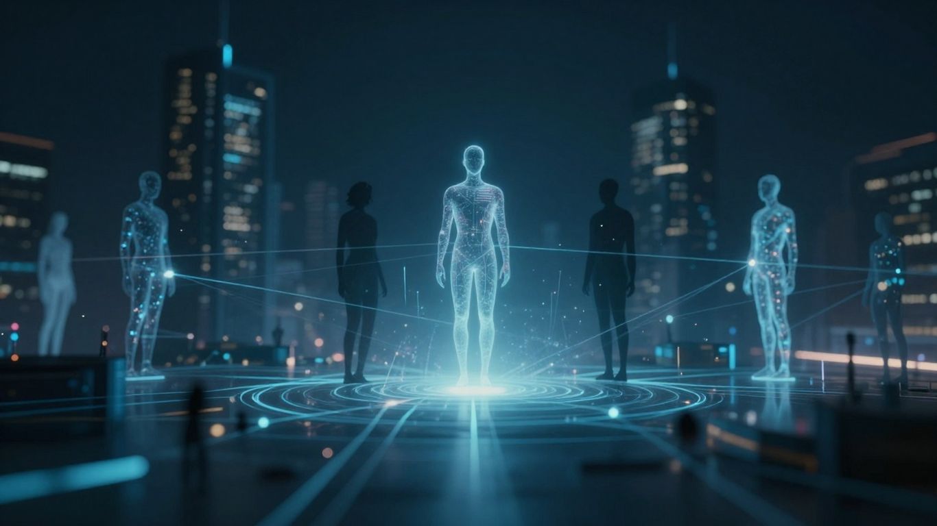 Futuristic cityscape with glowing data streams and abstract figures.