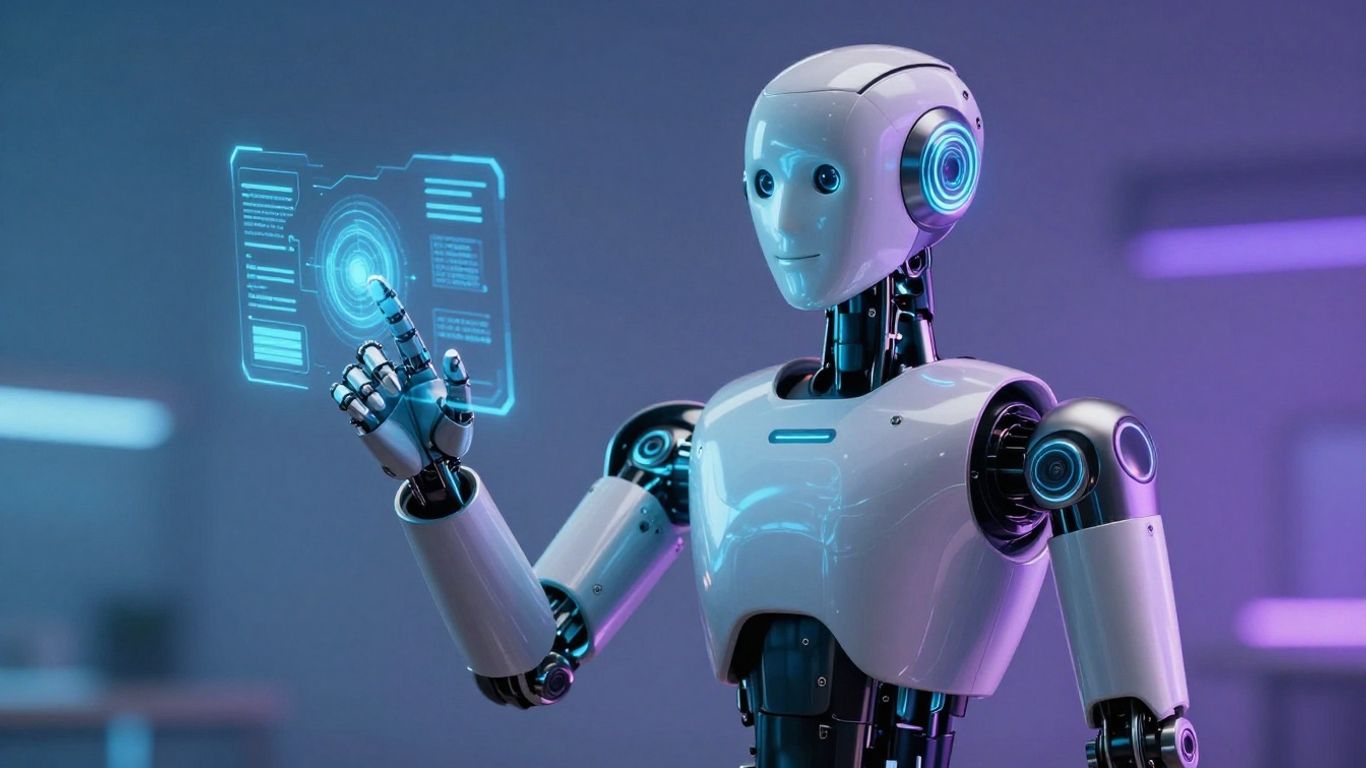 AI robot interacting with futuristic digital interfaces.