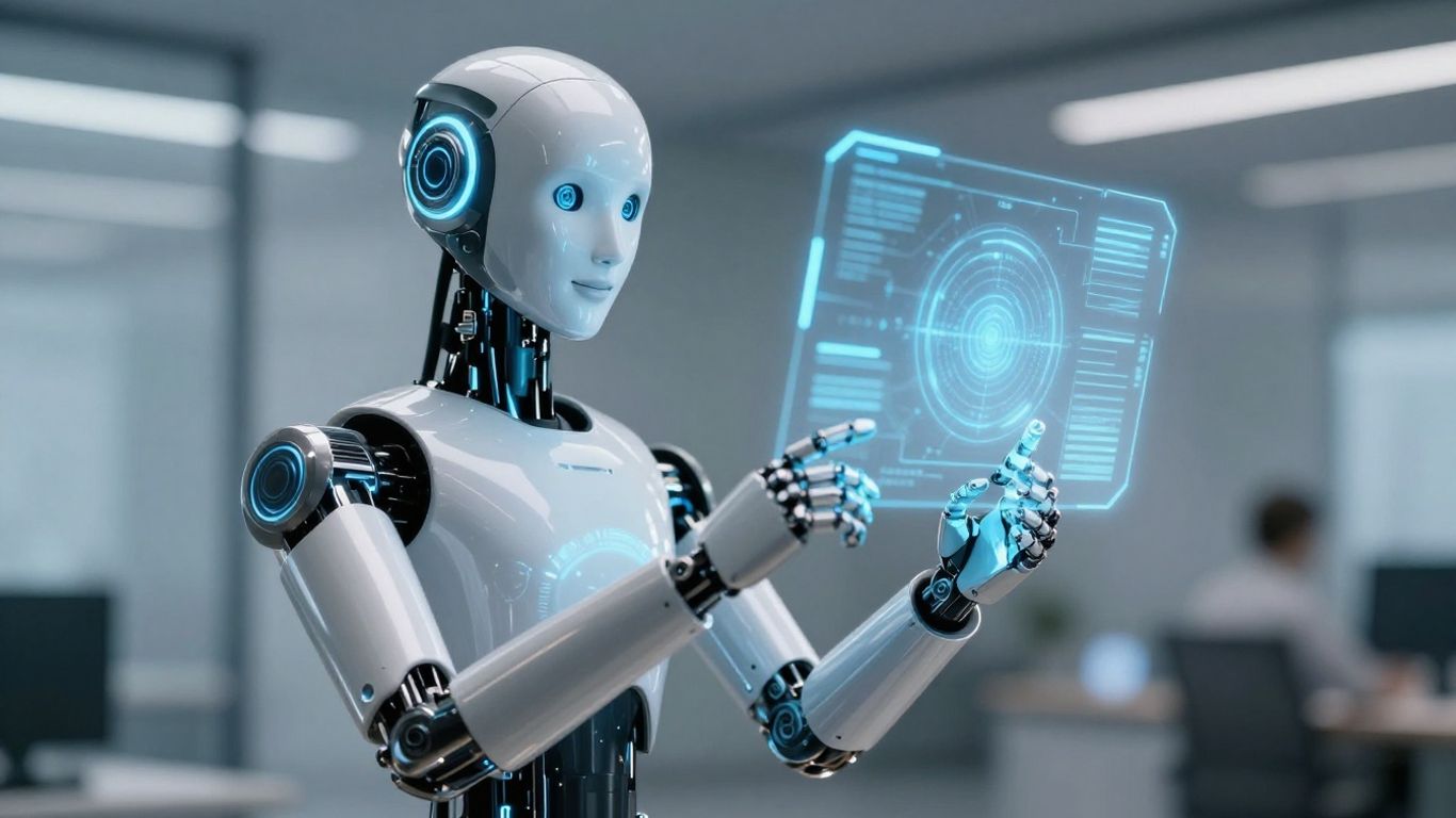 AI robot interacting with a futuristic holographic interface.