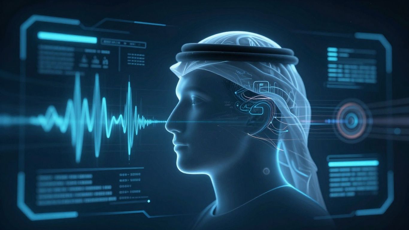 AI voicemail interface with abstract human head and data streams.