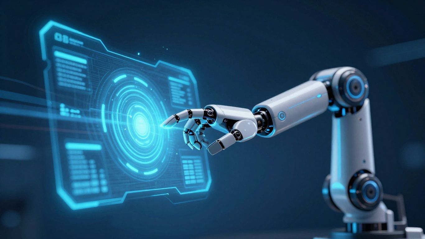 Robot arm interacting with a digital interface.