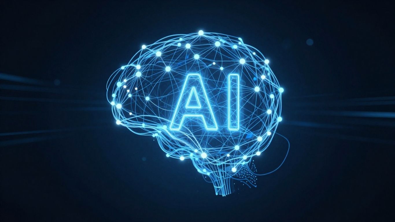 Abstract AI glowing with interconnected nodes and light trails.