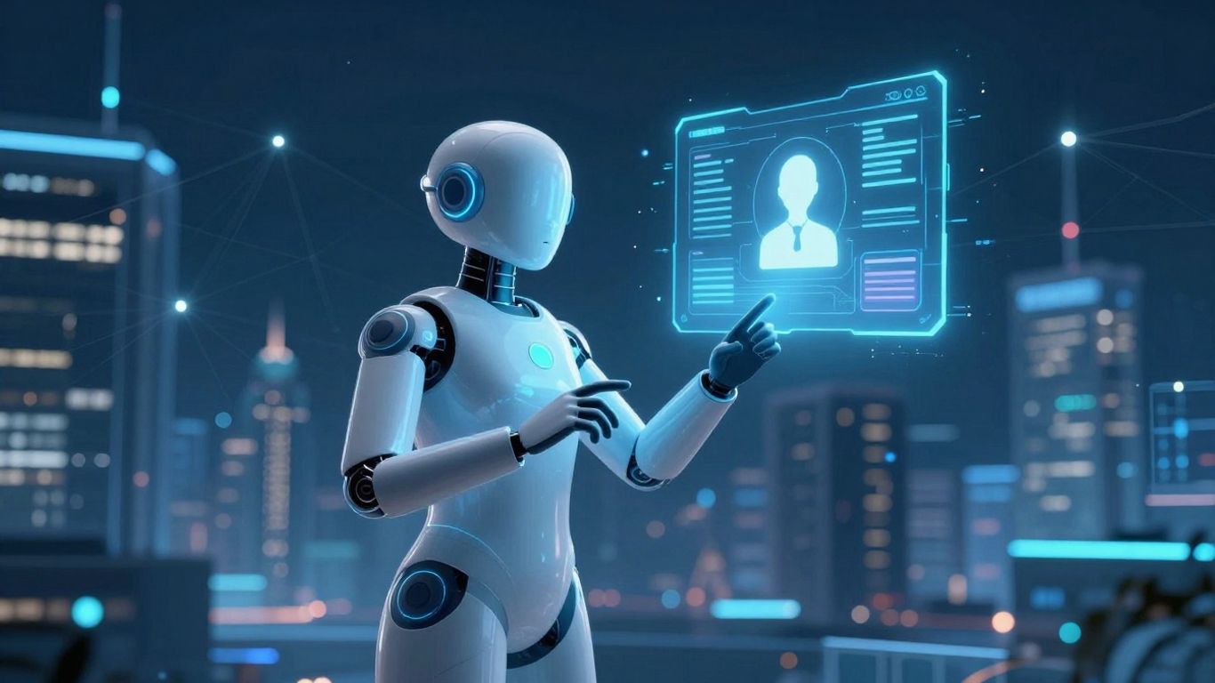 AI agent assisting customers with futuristic interfaces.