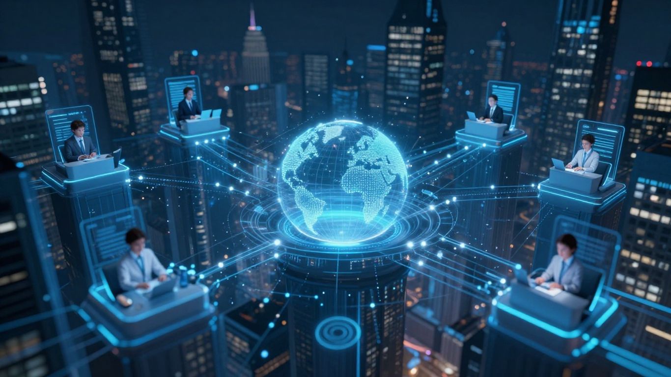 AI and human agents collaborating in a digital support network.